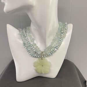 Vintage Designer Carved Quartz and Freshwater Pearl Mint Flower Pendant Neclace